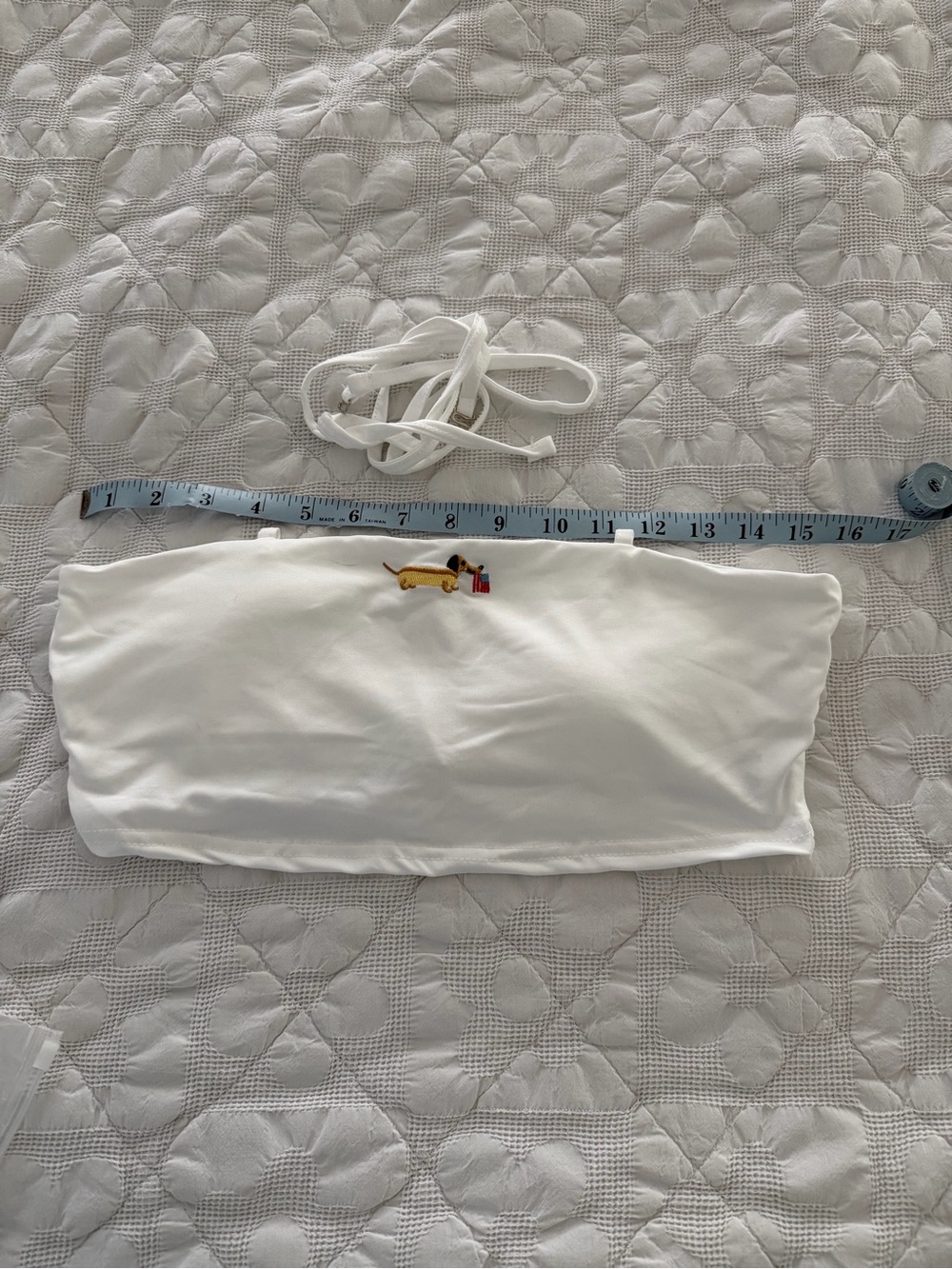 White Bandeau Bikini Top with Embroidered Dachshund Accent